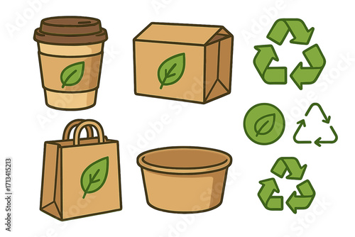Eco friendly packaging vector icon set. Sustainable biodegradable paper cup, box, bag and container. Recycle symbol and green leaf. Zero waste, environment concept.