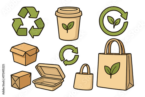 Vector set of eco friendly packaging icons. Sustainable, biodegradable containers like paper cup, cardboard box, and reusable bag. Recycling symbols for green lifestyle.