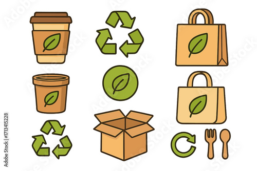 Eco-friendly packaging icon set. Sustainable container and recycling symbols. Vector illustration for zero waste concept. Reusable coffee cup, bag, box, biodegradable cutlery.
