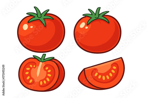 Tomato set vector cartoon illustration. Collection of fresh red ripe tomatoes, whole, half, and sliced wedge. Healthy vegetable food ingredient for design. Simple icon.