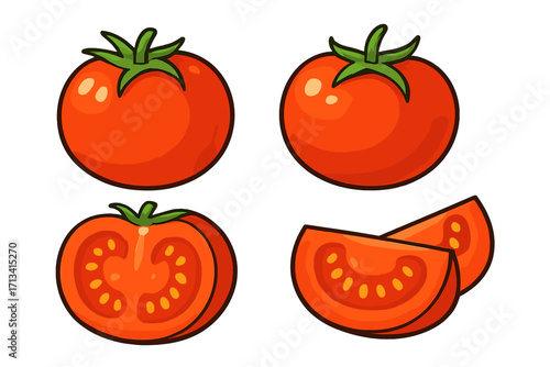 Tomato vector illustration set. Fresh red organic vegetable, whole, half, and sliced. Healthy food cooking ingredient for salad or kitchen. Juicy tomatoes cartoon icon.