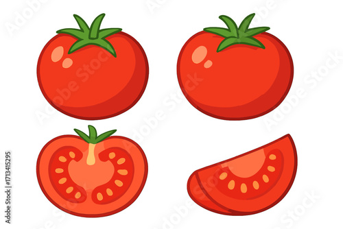 Fresh red tomato vector illustration set. Whole, half, and sliced tomatoes cartoon icon collection. Healthy organic food ingredient for cooking. Ripe vegetable graphic design.