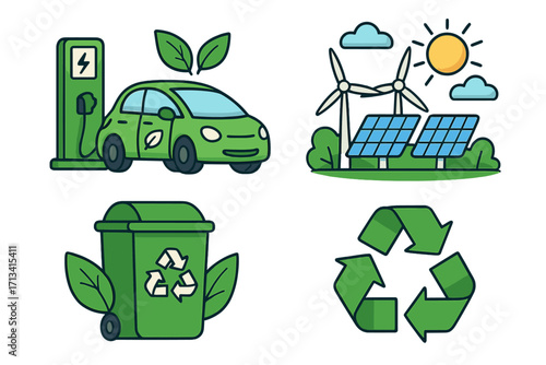 Eco-friendly concept icons set. Green energy and sustainability. Electric car charging, renewable power with solar panels and wind turbines, recycling bin for waste management.