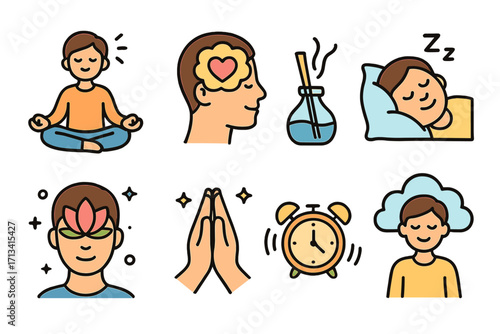 Mindfulness icon set for mental health and well-being. Relaxation techniques like meditation, yoga, and sleep. Self-care and stress relief concepts. Vector cartoon icons.