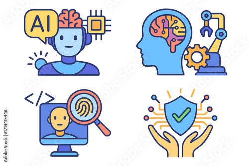 Artificial intelligence icon set. Machine learning, ai, cybersecurity, data protection. Robot, brain, automation. Biometric identity verification, code, shield. Vector icons.