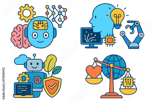 Artificial intelligence concepts icon set. AI ethics, machine learning, neural networks, and automation. Robot head, brain, tech balance, and security symbols. Vector illustration.