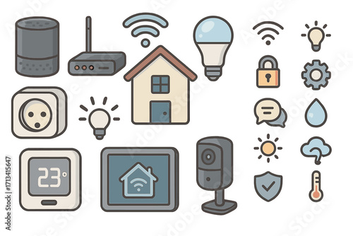 Smart home technology icon set. Home automation concept. Vector collection of IoT devices like security camera, thermostat, smart speaker, and lighting for remote control system.