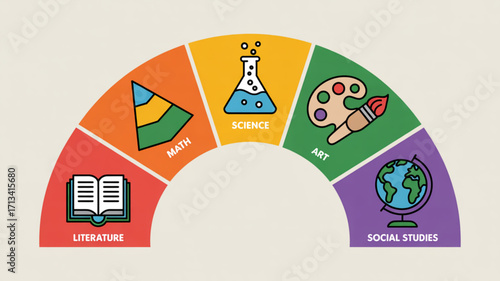 Educational subjects illustration featuring math science art literature and social studies visuals for learning