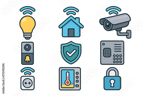 Smart home technology icon set for home automation systems. Vector cartoon collection of internet of things devices for lighting, security, and temperature control.