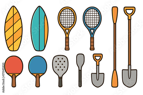 Summer sports equipment vector icon set. Collection of beach and recreation activity items. Surfboard, tennis and pickleball racket, ping pong paddle, shovel illustration.
