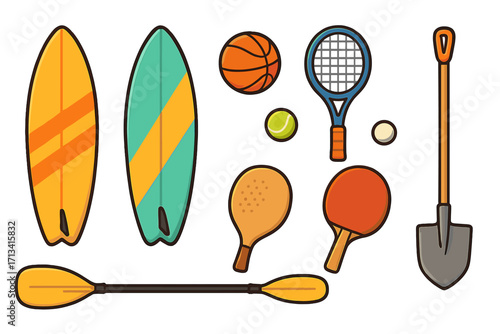 Summer sports equipment collection. Surfboard, paddle, tennis racket, basketball, shovel vector icons. Beach activities, outdoor recreation set. Flat cartoon illustration.
