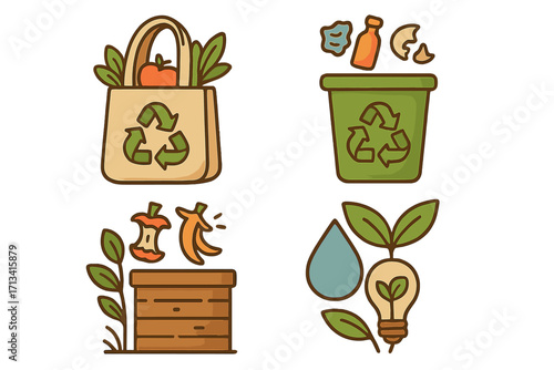 Sustainable living icons set. Eco-friendly practices for waste reduction, recycling, and composting. Vector concepts of reusable bag, energy saving, and water conservation.