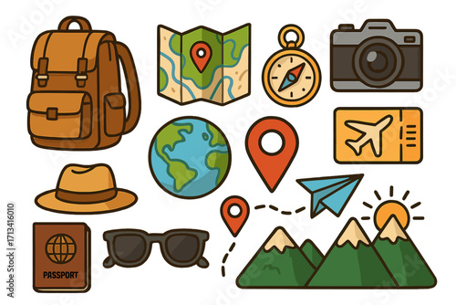 Travel and adventure icon set for tourism and vacation planning. Vector symbols for journey, exploration, and hiking essentials like backpack, map, compass, and passport.