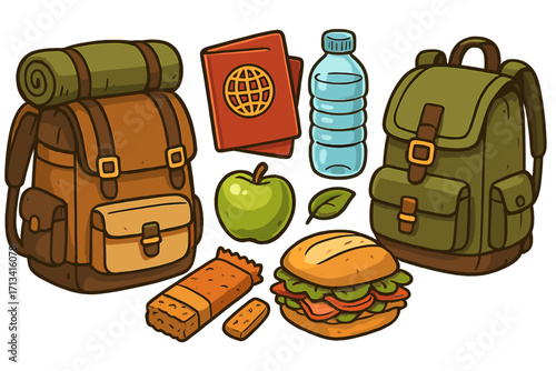 Travel essentials and hiking gear set for adventure and exploration. Vector cartoon illustration with backpack, passport, food, and water bottle. Isolated icon collection.