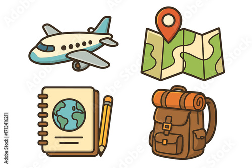 Travel icons set for adventure and tourism. Vector cartoon illustration of airplane, map with pin, journey planner notebook, and hiking backpack for trip planning.