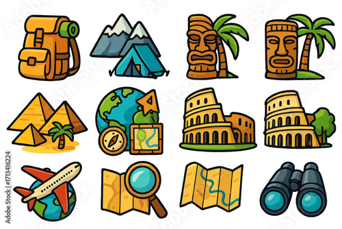 Travel icon set. Adventure, culture, exploration symbols. World landmarks, Colosseum, Pyramids, Tiki. Backpack, map, compass. Vector cartoon vacation illustration collection.