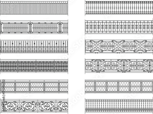 A collection of black-and-white line drawings featuring various designs of wrought iron fences and railings.
