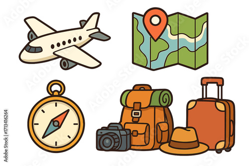 Travel adventure icon set. Vector collection with airplane, map, compass, backpack, camera, and luggage. Tourism planning, vacation essentials, journey preparation concept.