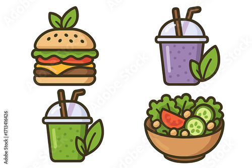 Healthy and fast food icon set. Vector cartoon illustration of veggie burger, fresh salad, green and berry smoothie. Concepts for nutrition, diet, wellness, and plant-based meals.