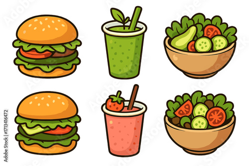 Healthy food and fast food icon collection. Vector cartoon illustration set of burger, fresh salad, and fruit smoothie. For menu, diet, nutrition, or wellness concepts.