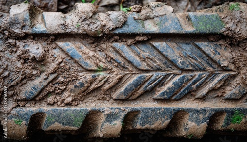 Mud-caked tire tread