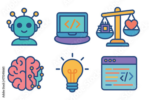 Artificial intelligence icon set. AI ethics and code development concept. Digital technology, machine learning, robotics innovation vector illustration. Brain, robot, computer icons.