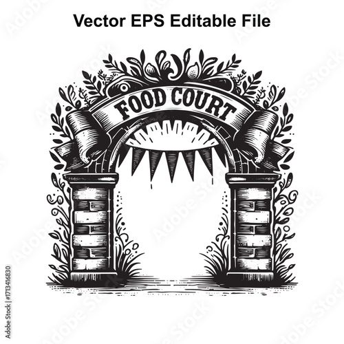 Vector art of archway with food court text and decorative elements