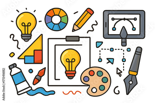 Creative process and graphic design tool icons. Vector illustration set with lightbulb for idea, color wheel, digital tablet pen tool, paint palette, and pencil for drawing.