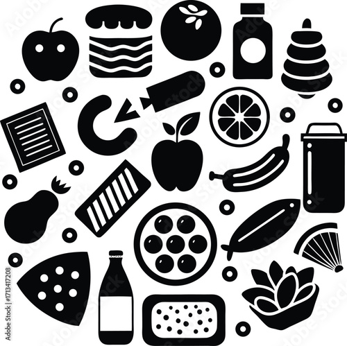Collage of diverse food icons representing healthy eating and nutrition arranged in a circle