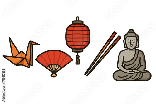 Asian culture traditional symbols icon set. Vector collection with Japanese origami crane, red paper fan, Chinese lantern, chopsticks, and Buddha statue. Flat cartoon illustration.