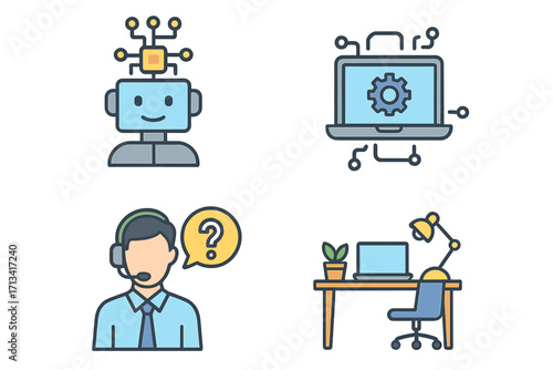 AI and technology icon set. Robot chatbot for customer service and technical support. Modern workspace, office helpdesk and machine learning concepts. Vector cartoon icons.