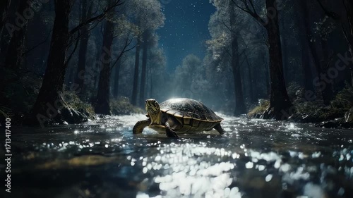Turtle in moonlight forest stream