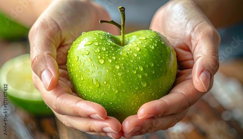 Fresh Green Apple with Water Droplets Held in Hands Close Up