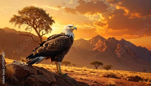 Majestic Eagle on Rocky Savannah at Sunset with Mountains in Background