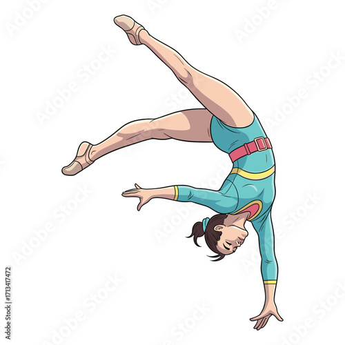 Vector Illustration of Female Gymnast Performing Handstand in Dynamic Modern Style with Bright Blue and Pink Colors for Fitness and Sports Design