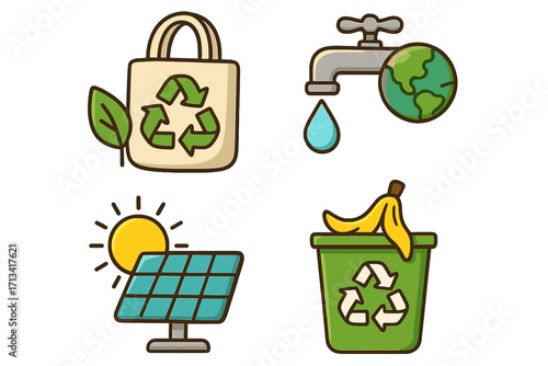 Eco friendly icons set. Recycling, reusable bag, solar panel for renewable energy, save water concept, compost bin. Vector illustration for sustainability and conservation.