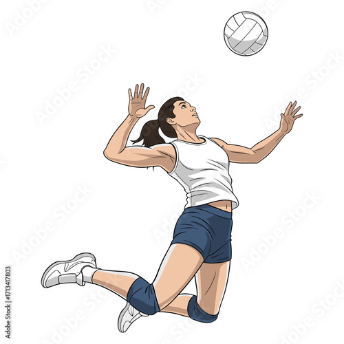 Vector Illustration of Female Volleyball Player in Action in Modern Athletic Style with Dynamic Pose and Neutral Colors