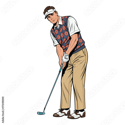 Vintage Golf Player Vector Illustration with Classic Attire and Golf Club in Retro Style in Earth Tones