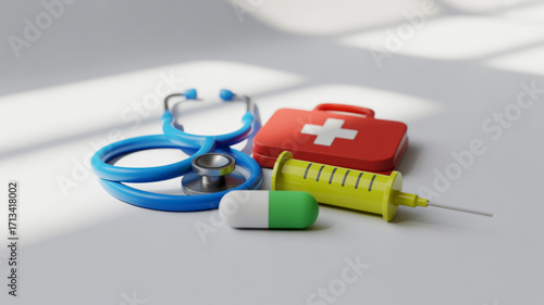 Medical equipment stethoscope first aid kit syringe and pill healthcare essentials for doctors nurses