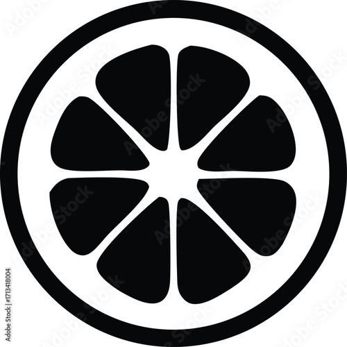 Minimalist black and white citrus slice icon graphic design representing freshness and natural ingredients for branding and marketing