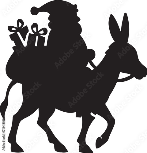 Santa Claus riding donkey silhouette with christmas gifts