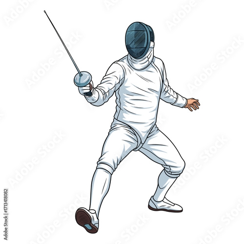 Vector Illustration of Fencer in Modern Minimalist Style with Blue and White Color Scheme