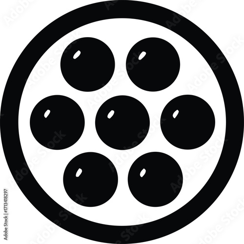Abstract circular symbol with six black dots arranged in a pattern and a thick outer ring