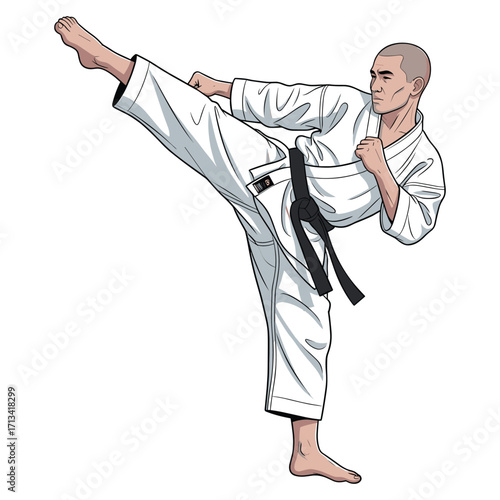 Vector Illustration of Martial Artist Performing High Kick in Modern Minimalist Style with Black Belt in White Uniform