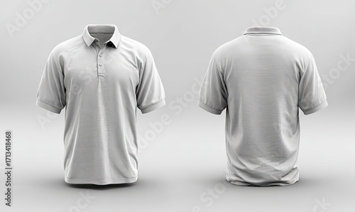 Blank white polo shirt, front and back views, on a light gray background