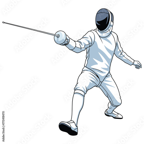 Vector Illustration of Fencer in Modern Minimalist Style with White and Blue Color Scheme