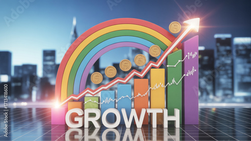 Financial growth chart with rainbow and coins showing business success and investment performance concept design