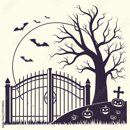 Halloween graveyard gate silhouette vector, spooky iron fence, tombstones, pumpkins, bats, eerie trees, glowing full moon, creepy horror flat design seasonal scary background illustration.