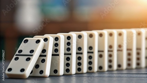 stock market visual metaphor prediction concept. Dominoes lined up with one tipping over, creating a chain reaction effect.