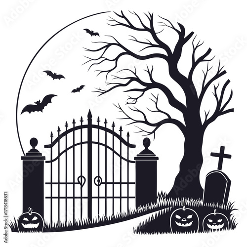 Halloween graveyard gate silhouette vector, spooky iron fence, tombstones, pumpkins, bats, eerie trees, glowing full moon, creepy horror flat design seasonal scary background illustration.